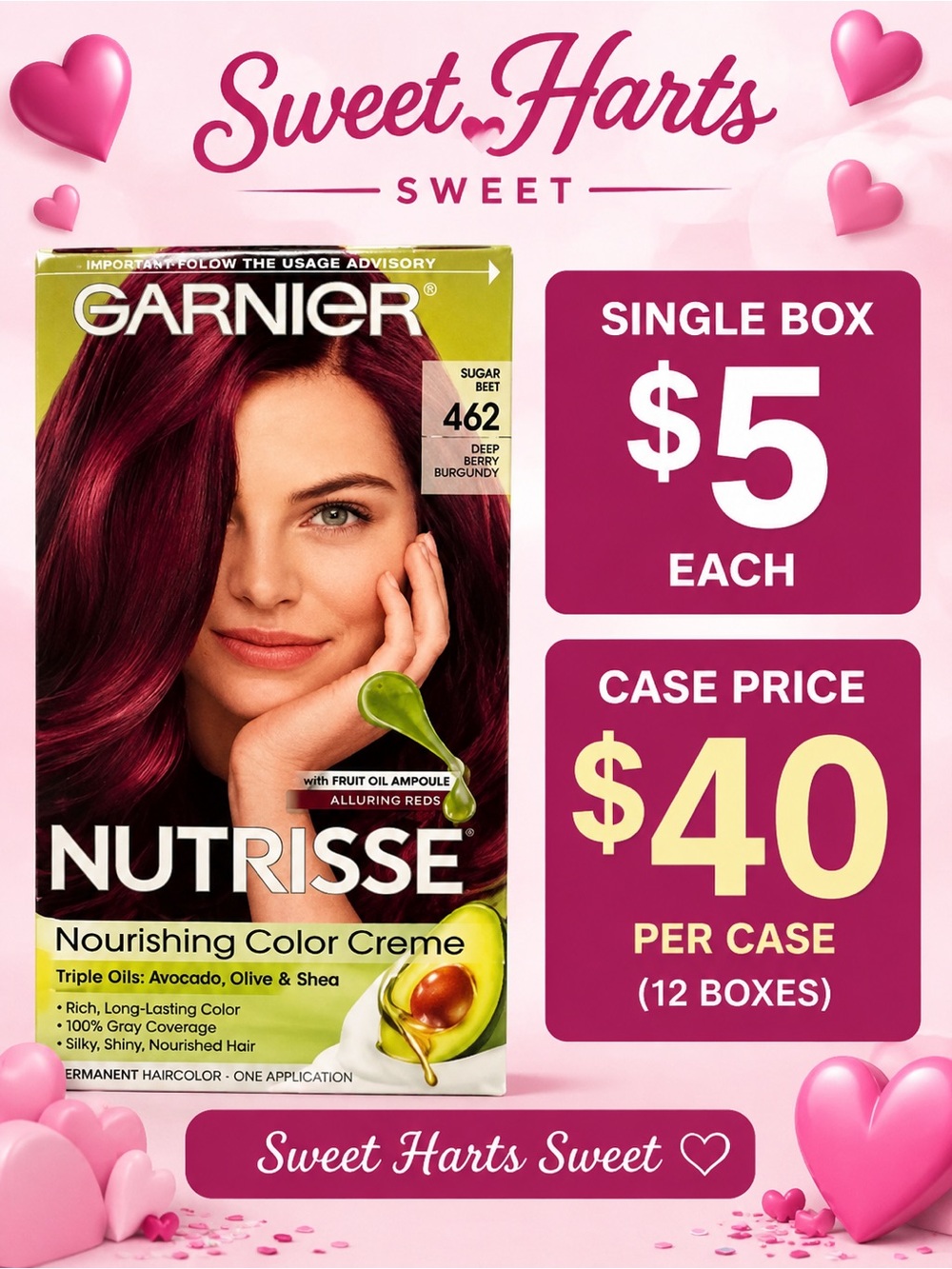 Garnier Nutrisse 462 “Sugar Beet,” a deep berry burgundy red
